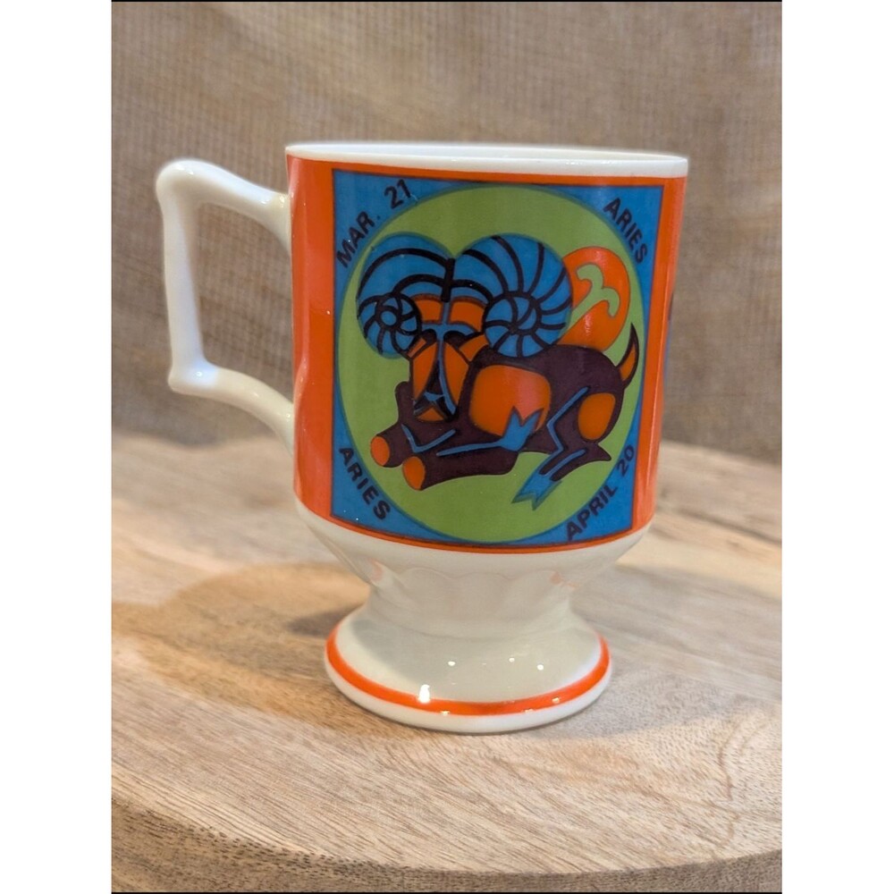 Vintage 70s Aries Ram Zodiac Pedestal Mug Groovy Neon Colors Astrology